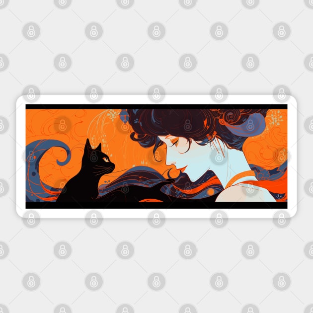 Woman and black cat (orange) Sticker by etherElric